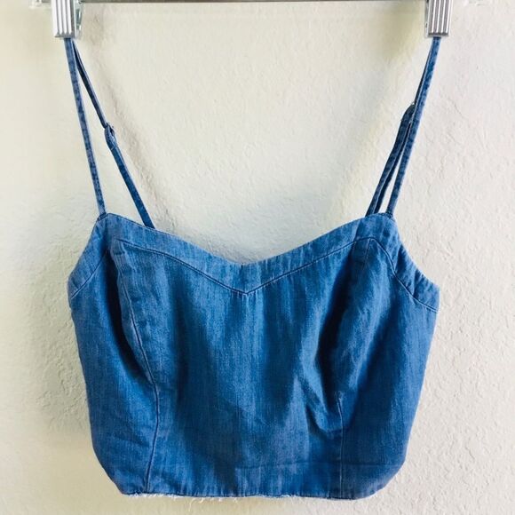 So denim top spaghetti straps cut out in back stretchy raunched elastic western - Picture 1 of 7